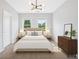 Well-lit bedroom with neutral carpet, a full sized bed, and modern lighting fixture at 350 Provenance Dr, Atlanta, GA 30328