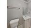 Simple bathroom featuring a single sink vanity, modern toilet, and a sleek towel rack, offering functionality at 4465 Kent Rd, Atlanta, GA 30337