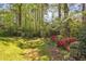 Picturesque backyard featuring a well-manicured lawn, vibrant flowers, and mature trees at 2830 Scottish Mill Way, Marietta, GA 30068