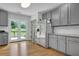 Charming kitchen with stainless steel refrigerator, gray cabinets, hardwood floors, and door to outdoor deck at 3411 Morgan Rd, Canton, GA 30115