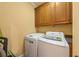A laundry room featuring a washer and dryer, alongside wooden cabinets for storage and organization at 390 Glengarry Chase, Covington, GA 30014