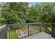 A lush backyard bordered by mature trees, viewed from a deck with railings at 73 Azalea Dr, Villa Rica, GA 30180