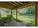 Patio with chairs looking onto a lush backyard with beautiful landscaping and green grass at 3675 Ridgeway Ter, Suwanee, GA 30024