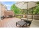 Relaxing outdoor deck featuring comfortable seating, shade umbrella, and lush greenery for peaceful enjoyment at 3502 Village Green Dr, Roswell, GA 30075