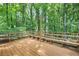 Wooden deck surrounded by lush trees and nature offers built-in seating for outdoor gatherings at 3292 Holly Mill Ct, Marietta, GA 30062
