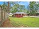 Backyard featuring landscaping, a chain-link fence, and grassy lawn around the brick house at 2057 Cambridge Ave, Atlanta, GA 30337
