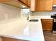 Close-up of a white countertop, stainless steel sink, and wood cabinets at 3884 Grovemont Pl, Duluth, GA 30096