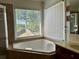 Bright bathroom featuring a large soaking tub with window view and a dark wood vanity with light countertop at 1055 Havenstone Walk, Lawrenceville, GA 30045