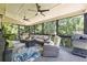 Relaxing screened porch with comfortable seating, ceiling fans, and a view of the lush backyard at 1547 Grove Arbor Ter, Dacula, GA 30519