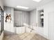 Bright pet washing station features a custom dog portrait and a tiled shower with dog-friendly steps at 788 W Marietta Nw St # 1404, Atlanta, GA 30318
