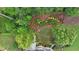 Aerial view of a backyard with mature trees and lush landscaping at 212 Thorncliff Way Way, Acworth, GA 30101