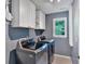 Laundry room featuring a modern washer and dryer, white cabinetry, and a window at 212 Thorncliff Way Way, Acworth, GA 30101