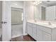 Bathroom featuring double sinks, stylish fixtures, and wood-look floors at 801 Tulip Poplar Way # 2501, Lawrenceville, GA 30044