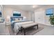 Staged bedroom with a blue bed frame, neutral walls, a large rug, and ample natural light at 801 Tulip Poplar Way # 2501, Lawrenceville, GA 30044