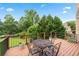Large wooden deck with dining set and views of the landscaped backyard at 106 April Walk, Mcdonough, GA 30253
