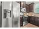 Close-up of a modern kitchen with stainless steel appliances and dark brown cabinets at 3246 Spicy Cedar Ln, Lithonia, GA 30038