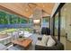 Relaxing outdoor space featuring comfortable seating, a fireplace, and backyard access at 477 Michael Dr, Alpharetta, GA 30009
