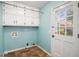 Functional laundry room featuring built-in storage and exterior door at 60 Ivy Dr, Covington, GA 30016