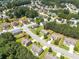 Aerial view of a suburban neighborhood showcases the home's location within a community with mature trees at 1492 Station Ridge Ct, Lawrenceville, GA 30045