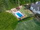 Aerial view of the pool and patio area, highlighting the backyard and landscaping at 1076 Pinyan Ln, Canton, GA 30115