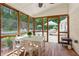 Covered porch with wood floors, dining table, and views of the pool and patio at 5095 Karr Road Rd, Cumming, GA 30040