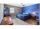 Bedroom featuring a ceiling fan, laminate flooring, and two-tone blue and gray paint at 1919 Cheatham Woods Sw Dr, Marietta, GA 30008