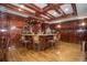 Home bar area with a bar counter, barstools, wooden floors, and paneled walls at 4054 Lyon Blvd, Atlanta, GA 30331