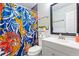 Bathroom with a gray vanity, mirror, and a blue shower curtain with tigers at 1491 Stonington Ct, Villa Rica, GA 30180