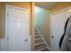 Hallway showing stairs and multiple white doors for storage and access to the house at 8130 Estee Dr, Cumming, GA 30028