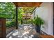This covered back porch features a fern in a black pot and wood railing at 1272 Hardee Ne St, Atlanta, GA 30307
