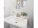 Chic powder room with a pedestal sink, gold faucet, decorative mirror, and plants at 510 Crown Dr, Emerson, GA 30137
