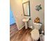 Bright half bathroom with a pedestal sink, wooden floors, and a decorative mirror at 171 Shaker Hollow Drive Dr, Mcdonough, GA 30253
