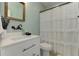Bathroom with mint green walls, white vanity, and shower with curtain at 2972 Lookout Ne Pl, Atlanta, GA 30305