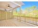 Outdoor deck with wood railing, ceiling fans, and backyard wooded scenery at 541 Fundao Ln, Lawrenceville, GA 30046