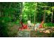 Secluded backyard featuring a cozy seating area surrounded by mature trees and landscaping at 6203 Crestview Drive Southeast Se Dr, Covington, GA 30014