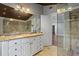 Bathroom featuring granite countertops, tiled floors, and a full glass enclosed shower at 263 Mountainview Cir, Canton, GA 30115