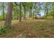 The grassed backyard is framed with mature trees and shrubbery and a wood fence at 2694 Hickory Valley Dr, Snellville, GA 30078