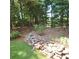 Landscaped backyard with garden wall, greenery and mature trees at 5035 Harbor Ridge Dr, Buford, GA 30518