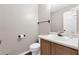 Simple and clean half bath with a white toilet, wooden vanity, and a mirror, offering functionality at 2917 Duncan Pl, Decatur, GA 30034
