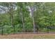 Backyard featuring a black iron fence and mature trees at 738 Woodstock Grove Dr, Woodstock, GA 30188