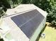 Aerial shot of rooftop solar panels offering energy efficiency for this home at 235 Pirkle Ct, Cumming, GA 30040