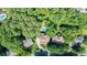 Stunning aerial view of homes with mature trees and a sparkling pool offering privacy at 12160 Oak Hollow Way, Alpharetta, GA 30005