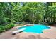 Inviting backyard pool with diving board and mature trees at 12160 Oak Hollow Way, Alpharetta, GA 30005
