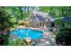 Backyard with in-ground pool surrounded by a concrete patio and landscaped garden at 4393 Cannon Rd, Loganville, GA 30052