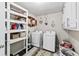 Organized laundry room featuring shelving and white front load washer and dryer at 900 Stone Lea Trce, Oxford, GA 30054