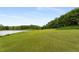 Large green grass lawn with a pond and trees, creating a peaceful outdoor setting at 833 Hines Rd, Moreland, GA 30259
