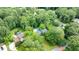 Aerial view featuring a residence surrounded by lush greenery, showcasing its backyard pool at 865 Old Creek Trl, Atlanta, GA 30328