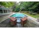 A relaxing backyard pool and spa surrounded by a patio with lush green landscaping at 865 Old Creek Trl, Atlanta, GA 30328