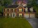 Charming two-story brick home featuring manicured lawn and attached two-car garage at twilight at 4961 Thornwood Nw Trce, Acworth, GA 30102