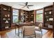 Charming home office featuring custom wood built-in bookshelves and a modern ceiling fan at 694 Peeples Sw St, Atlanta, GA 30310